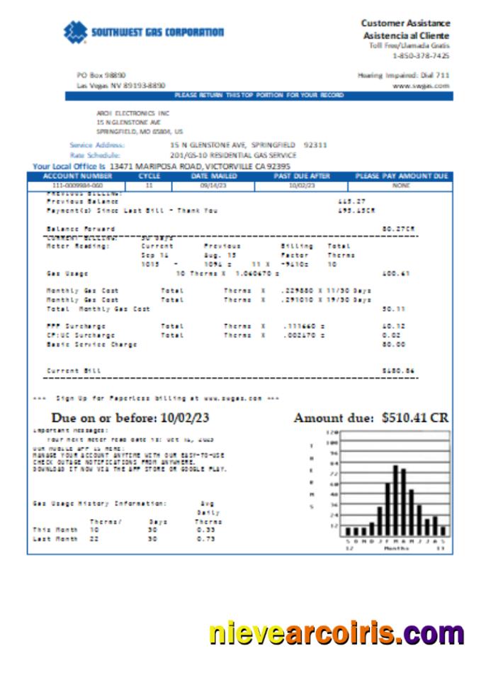 Southwest gas Corporation utility business bill